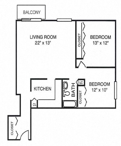 Floor plan for 2 beds, 1 bath, 990 sqft