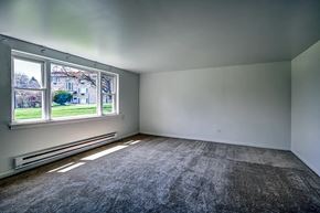 Broadview apartment for rent - A room with a grey carpet and a window overlooking a garden.