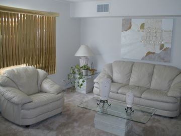 Broadview apartment for rent - A living room with two couches and a table with a lamp on it.