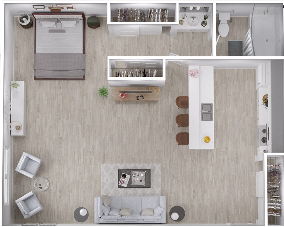 Floor plan for studio, 1 bath, 500 sqft