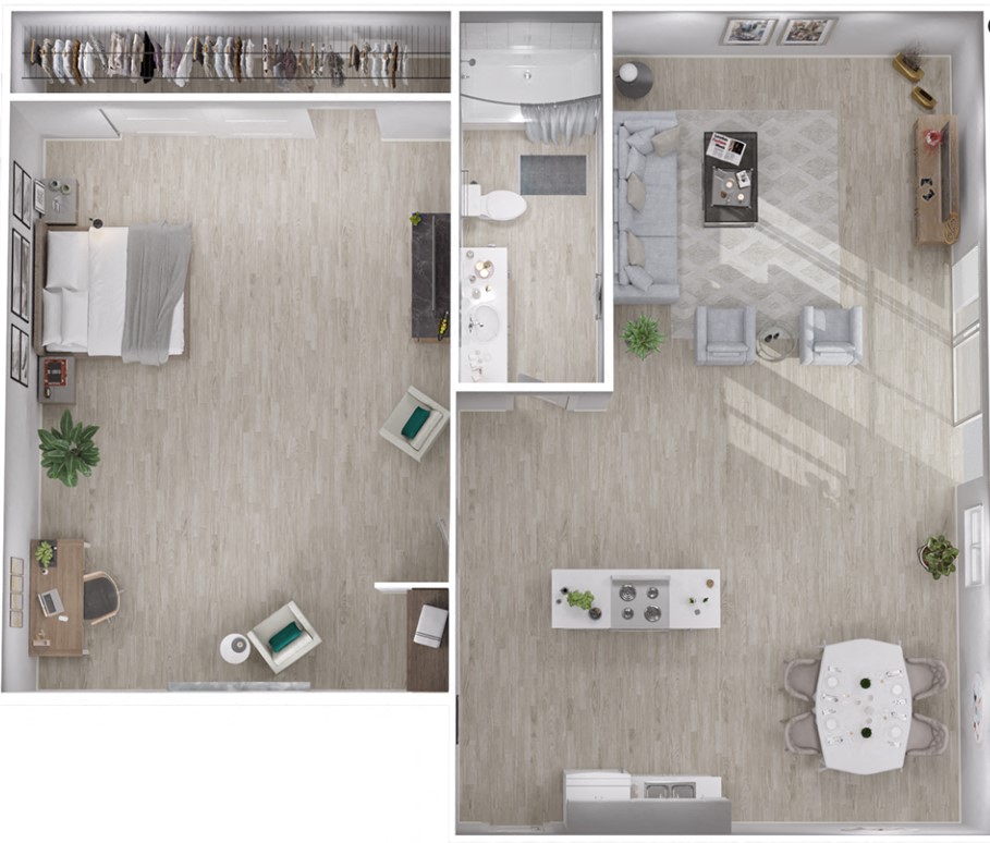Floor plan for 1 bed, 1 bath, 650 sqft
