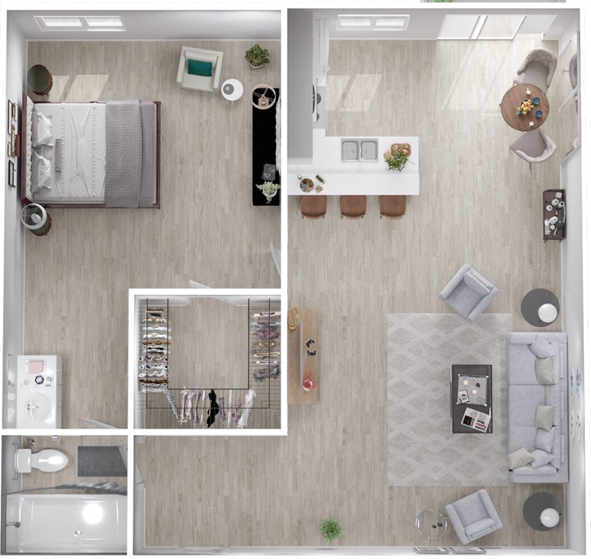 Floor plan for 1 bed, 1 bath, 705 sqft