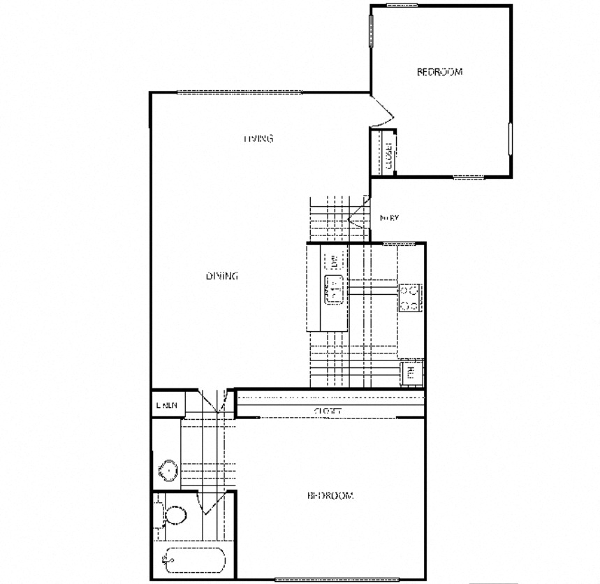 Floor plan for 2 beds, 1 bath, 970 sqft