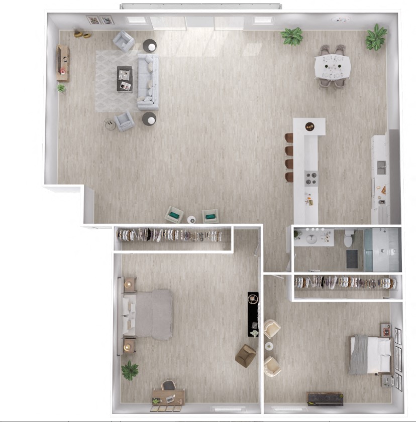 Floor plan for 2 beds, 1 bath, 970 sqft