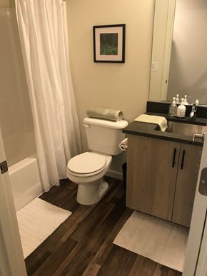 Portland apartment for rent - a bathroom with a toilet and a sink and a shower