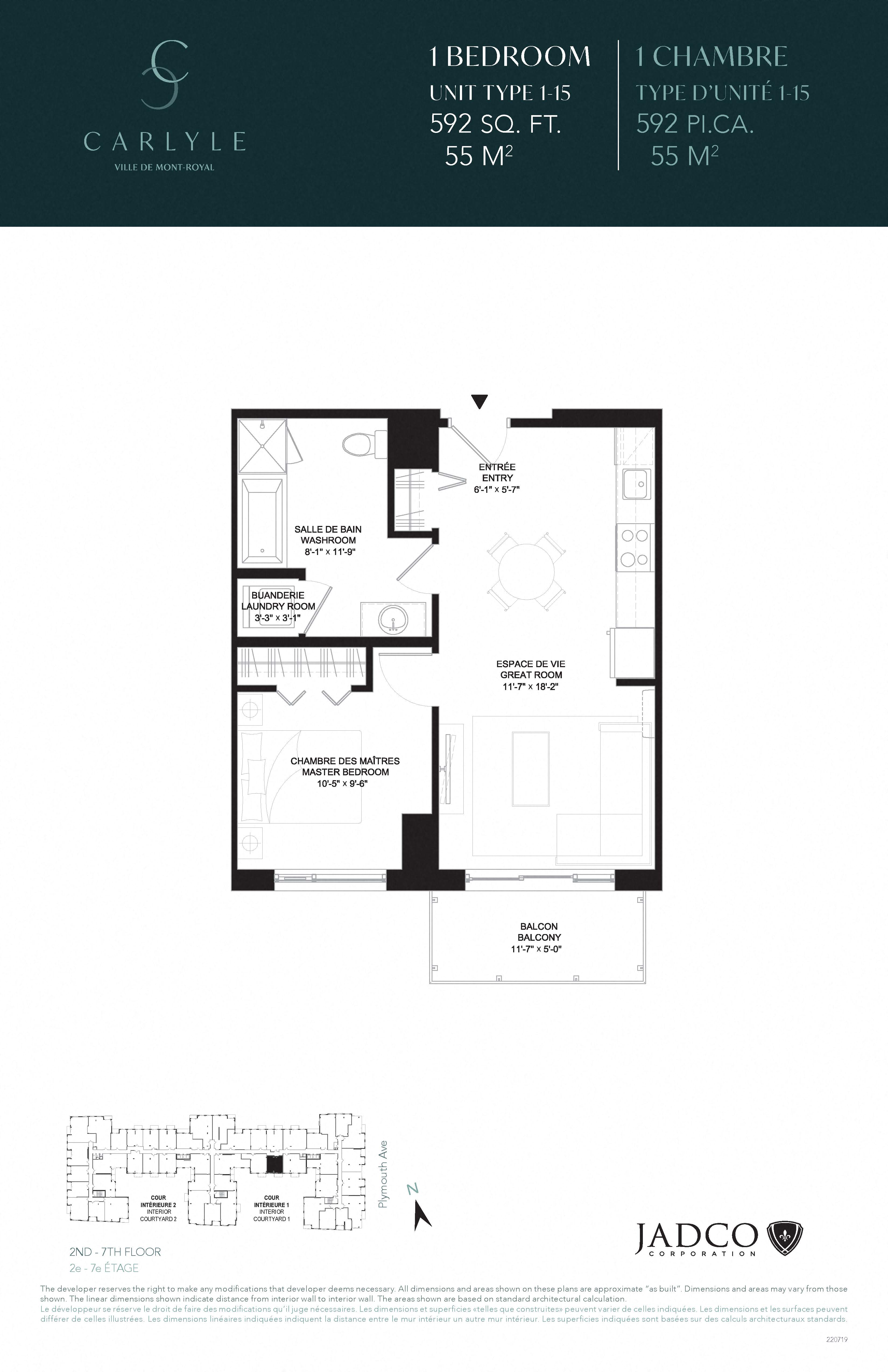 Floor plan for 1 bed, 1 bath, 592 sqft