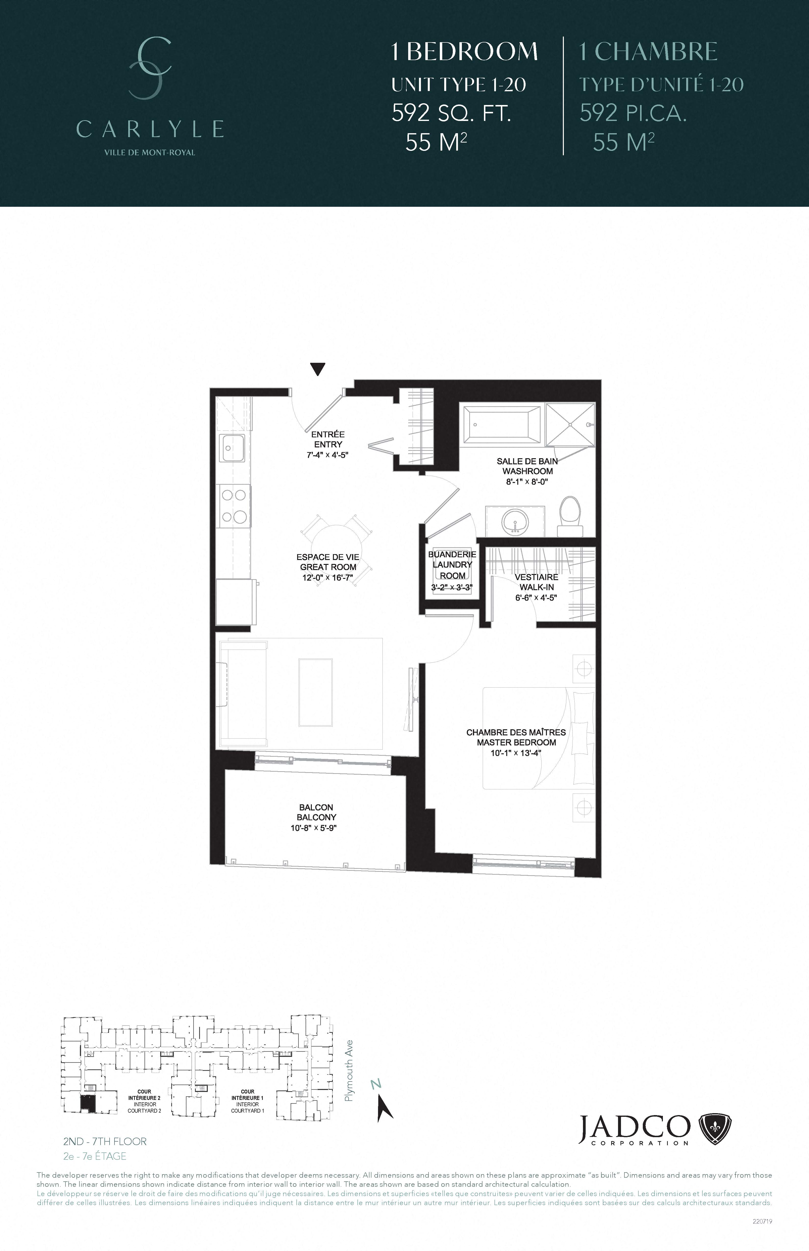Floor plan for 1 bed, 1 bath, 592 sqft