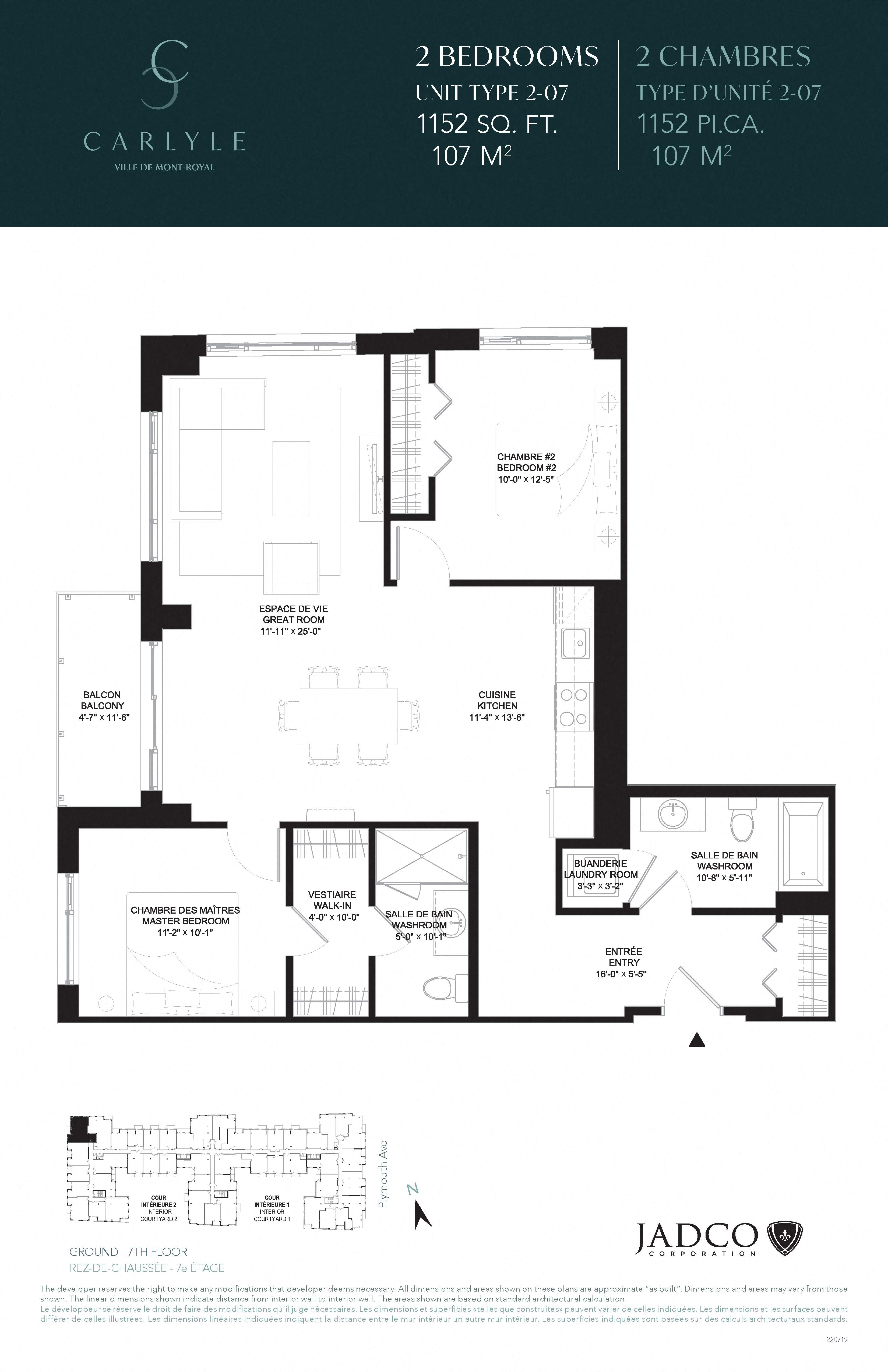 Floor plan for 2 beds, 2 baths, 1152 sqft