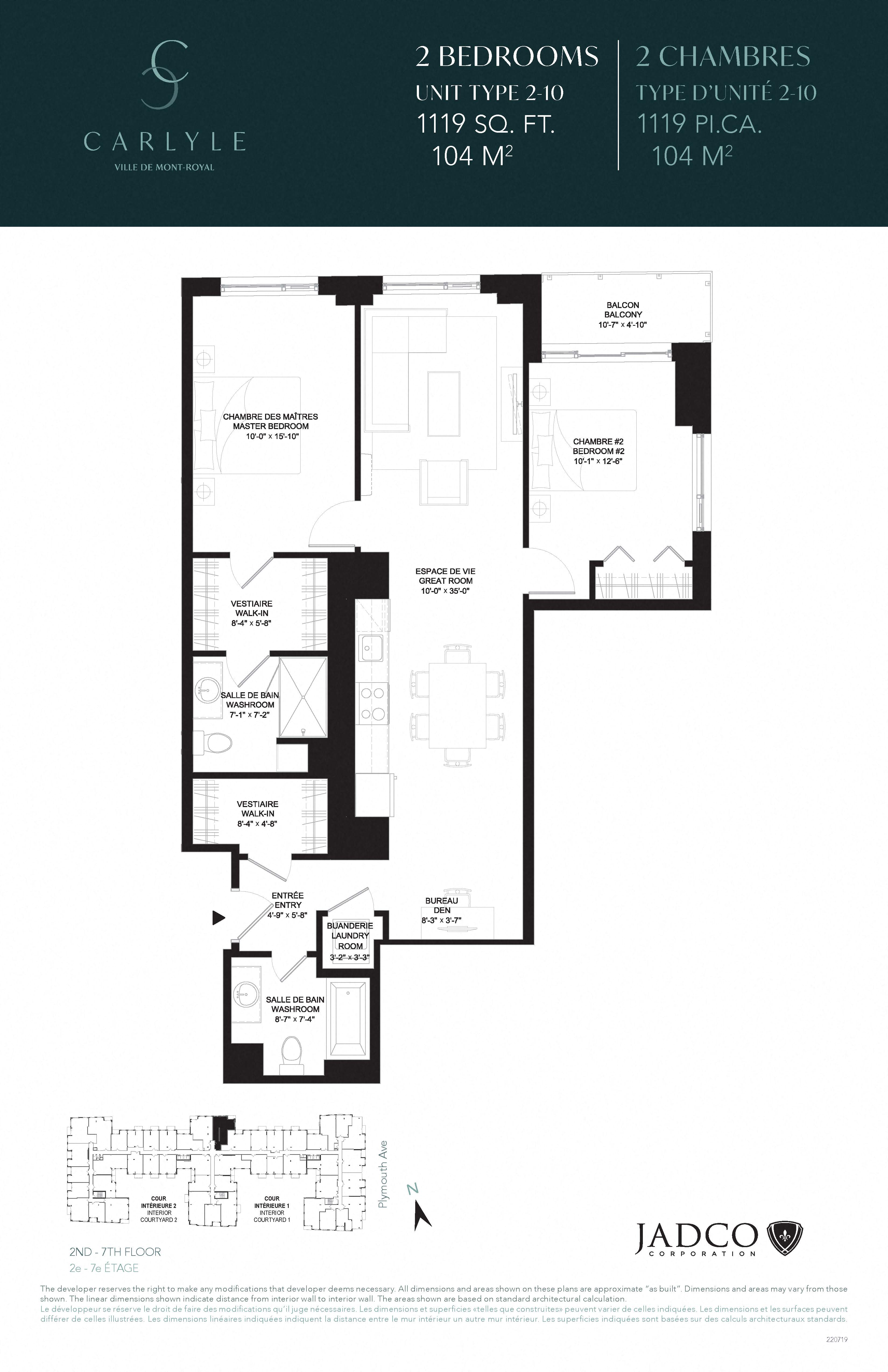 Floor plan for 2 beds, 2 baths, 1119 sqft