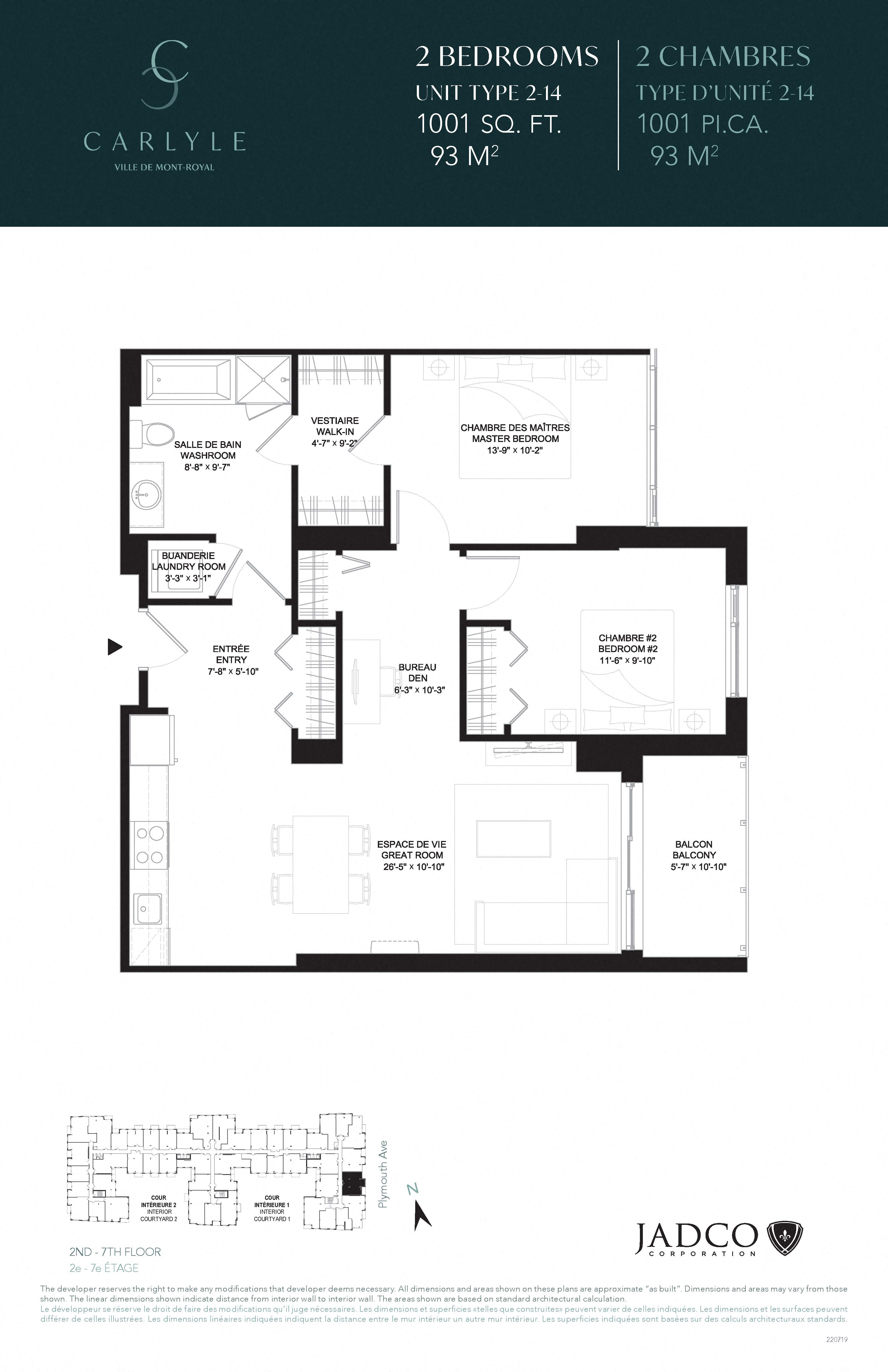 Floor plan for 2 beds, 2 baths, 1001 sqft