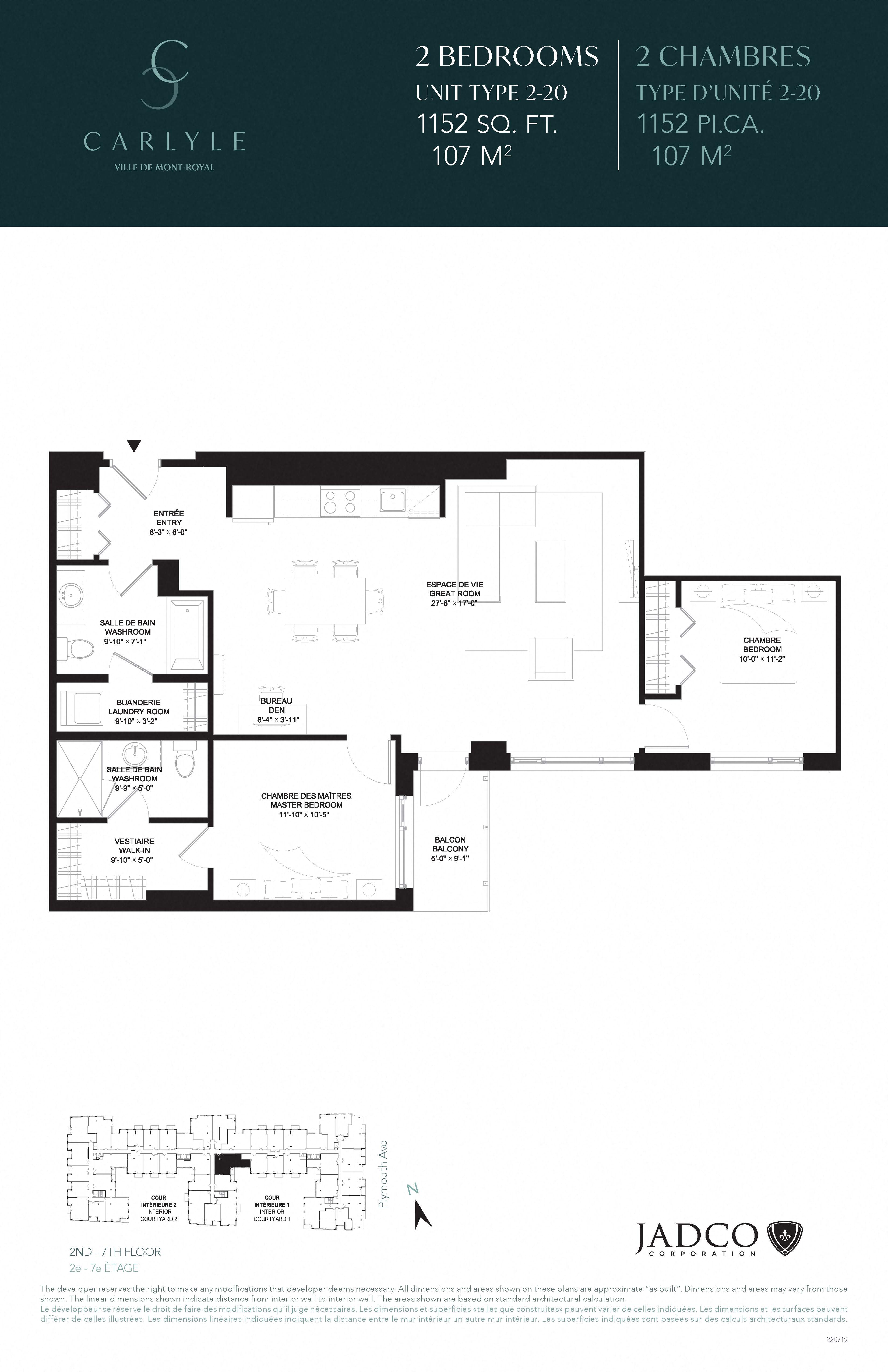 Floor plan for 2 beds, 2 baths, 1152 sqft