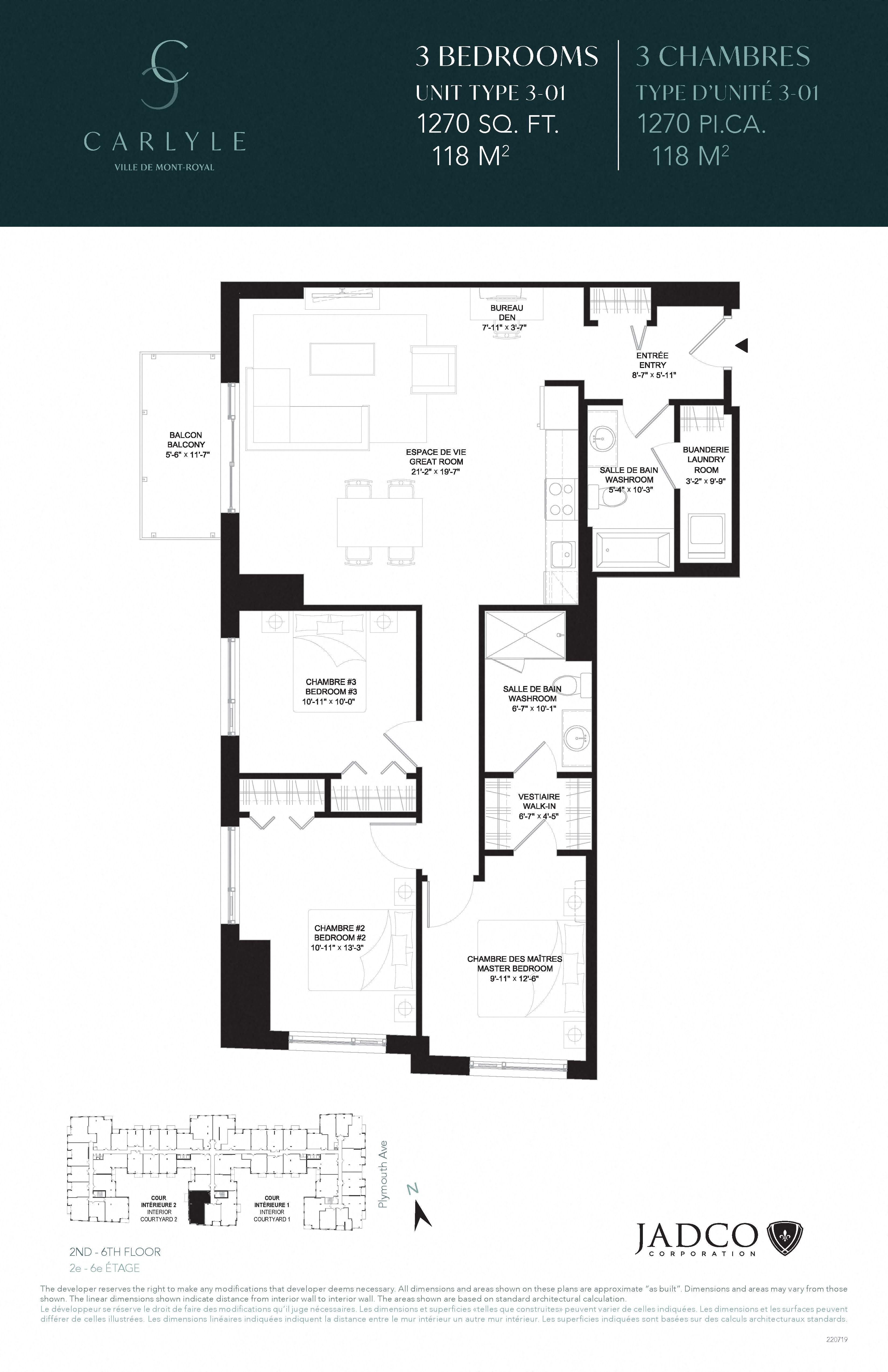 Floor plan for 3 beds, 2 baths, 1270 sqft