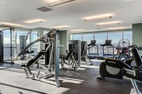 Calgary apartment for rent - a gym with cardio equipment and a view of the city