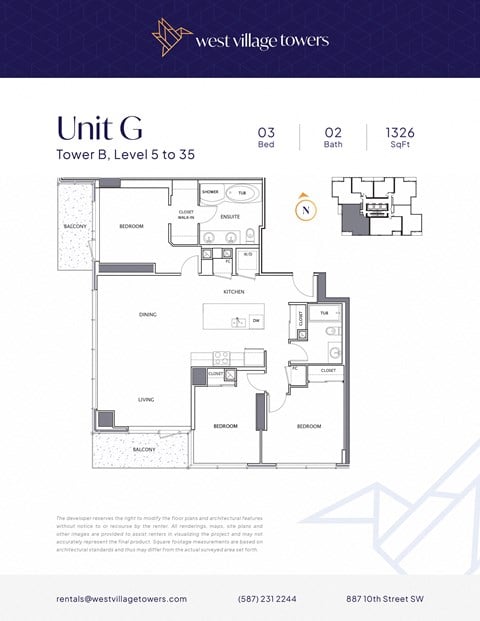 Floor plan for 3 beds, 2 baths, 1326 sqft