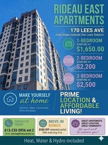 Ottawa apartment for rent - An advertisement for Rideau East Apartments, offering one, two, and three-bedroom units with prices starting at $1,650, $2,200, and $2,500 respectively