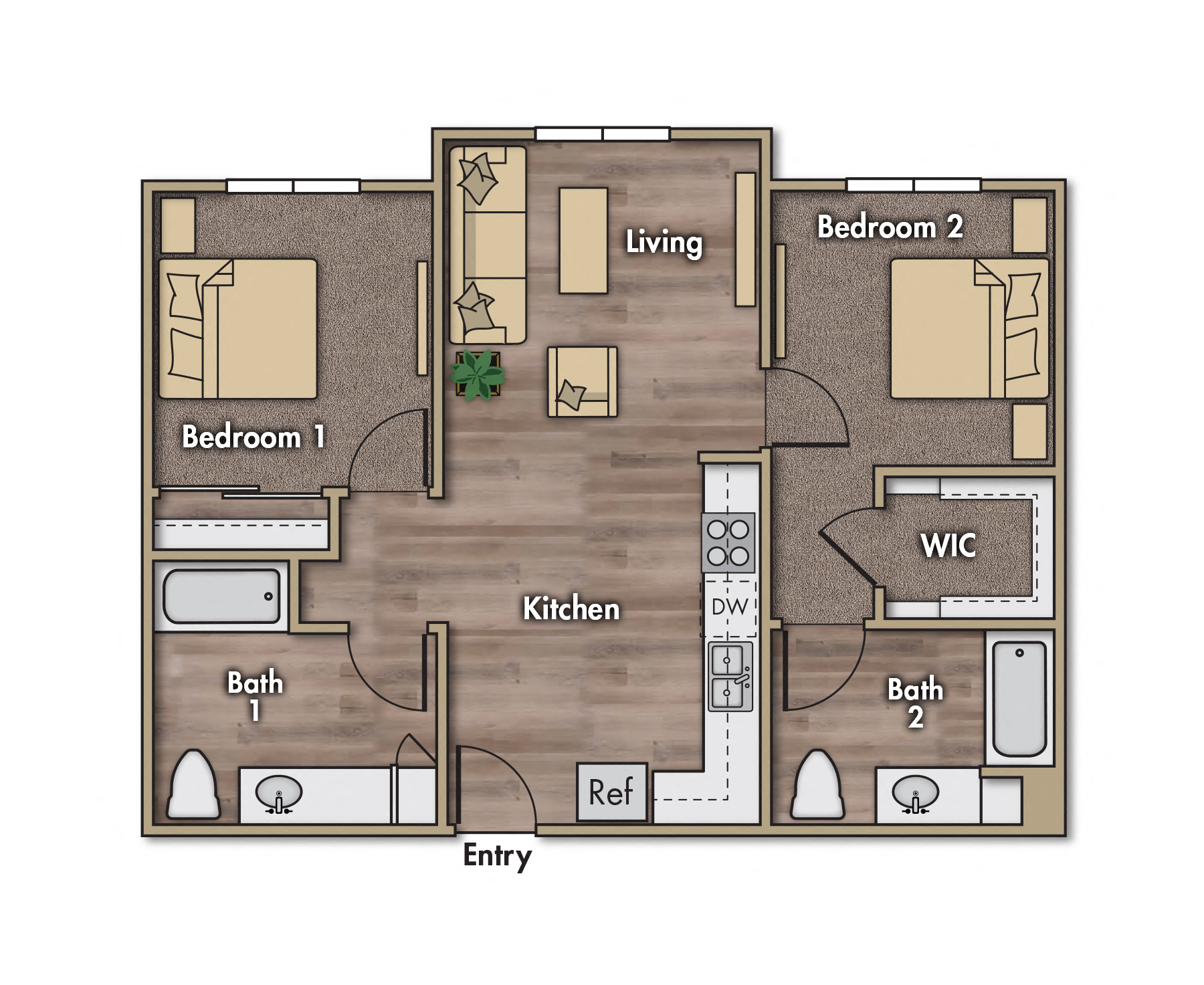Floor plan for 2 beds, 2 baths, 823 sqft