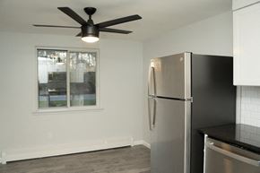 Niagara Falls apartment for rent - a kitchen with a stainless steel refrigerator and a ceiling fan