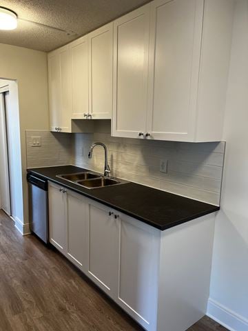 Nanaimo apartment for rent - A kitchen with white cabinets and a black countertop.