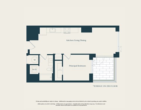 Floor plan for 1 bed, 1 bath, 599 sqft