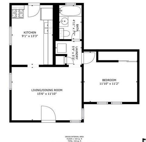 Floor plan for 1 bed, 1 bath, 538 sqft