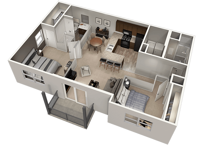 Floor plan for 2 beds, 2 baths, 1053 sqft