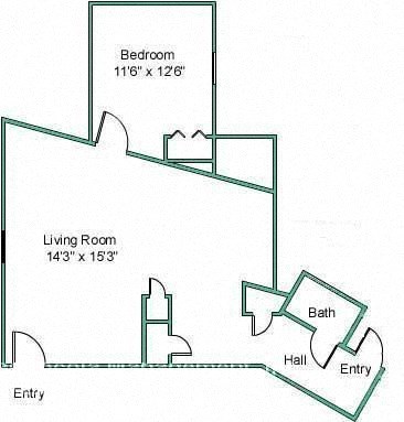 Floor plan for 1 bed, 1 bath, 911 sqft