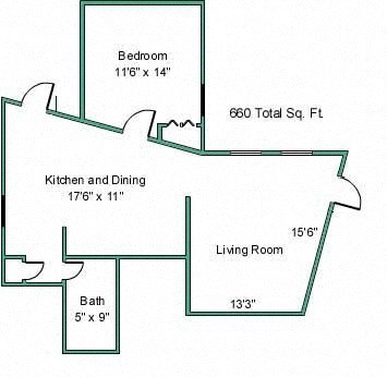 Floor plan for 1 bed, 1 bath, 671 sqft