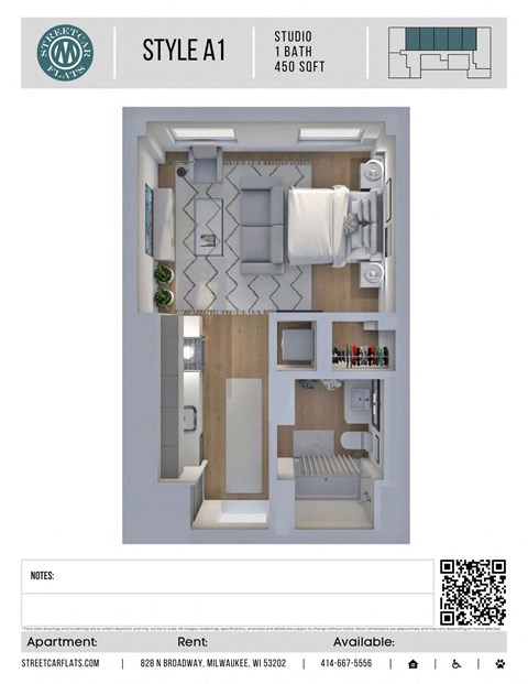 Floor plan for studio, 1 bath, 450 sqft