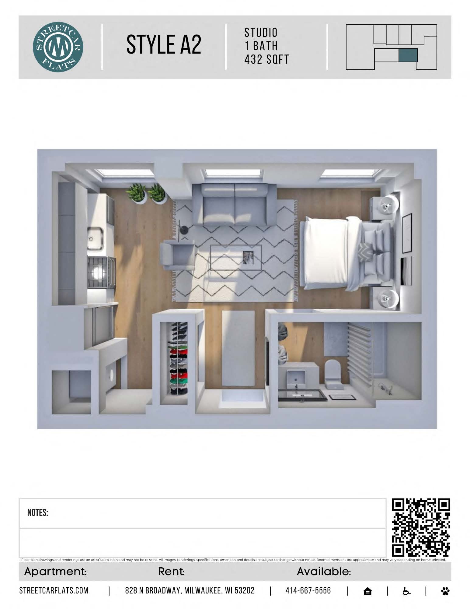 Floor plan for studio, 1 bath, 432 sqft