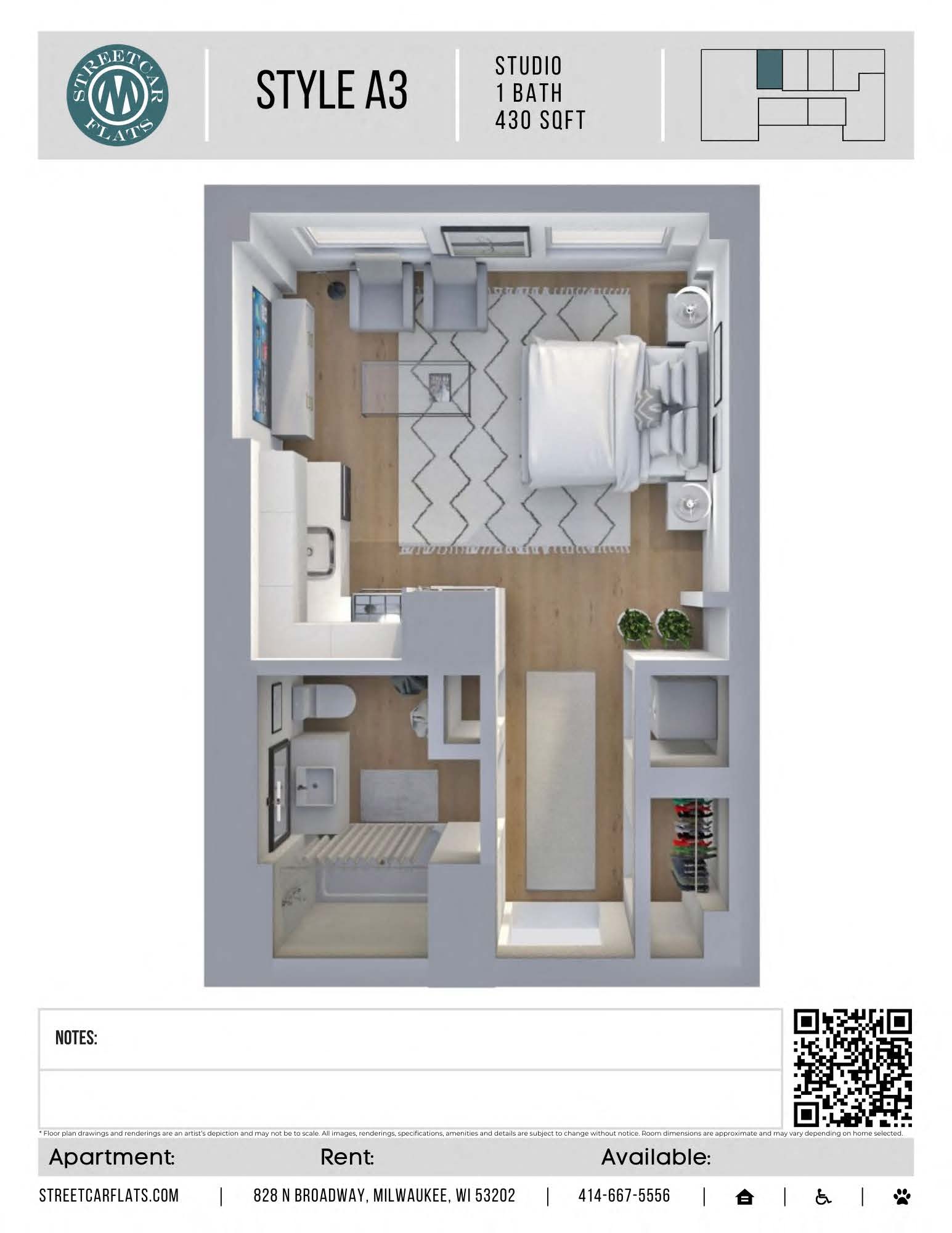 Floor plan for studio, 1 bath, 430 sqft