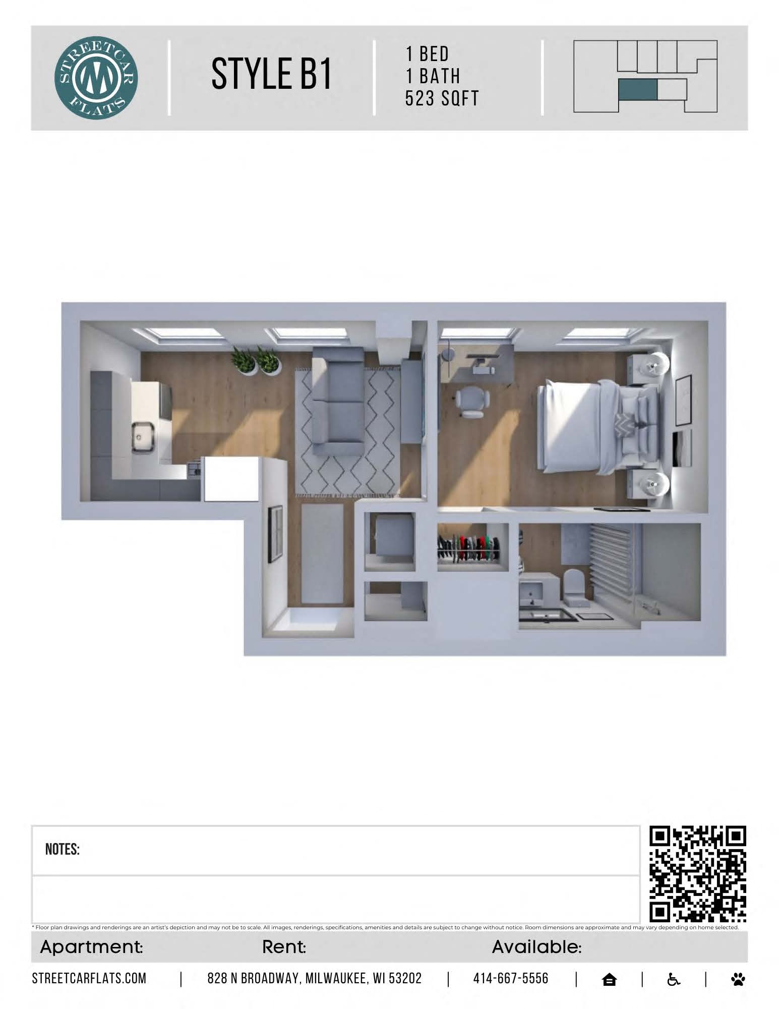 Floor plan for 1 bed, 1 bath, 523 sqft