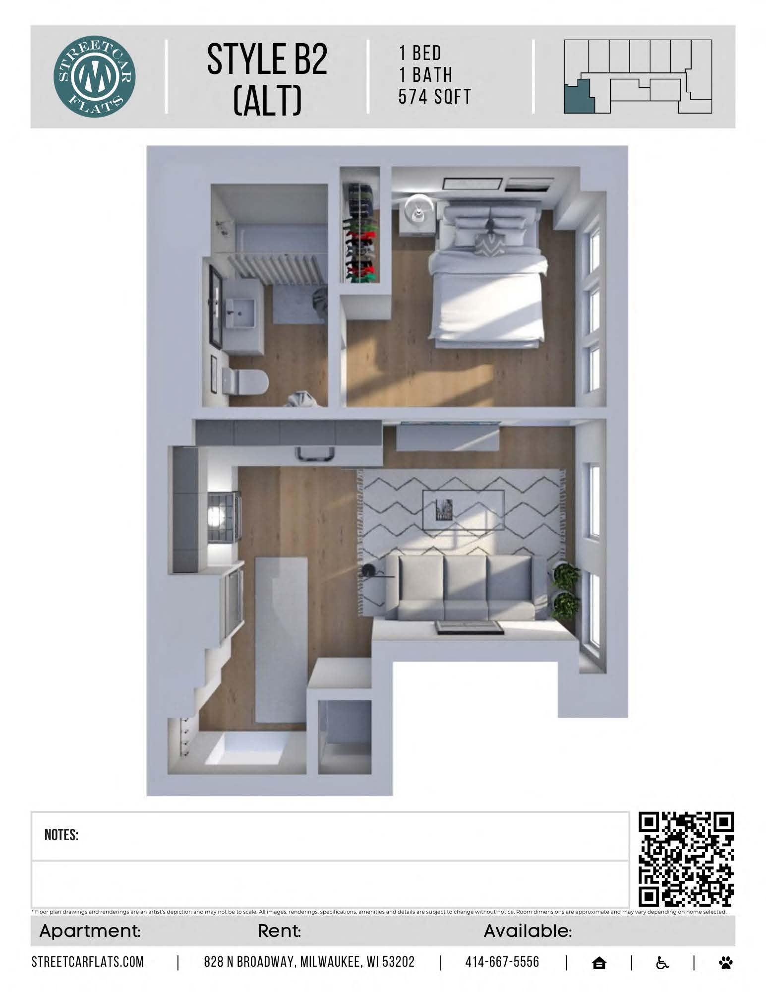 Floor plan for 1 bed, 1 bath, 564 sqft