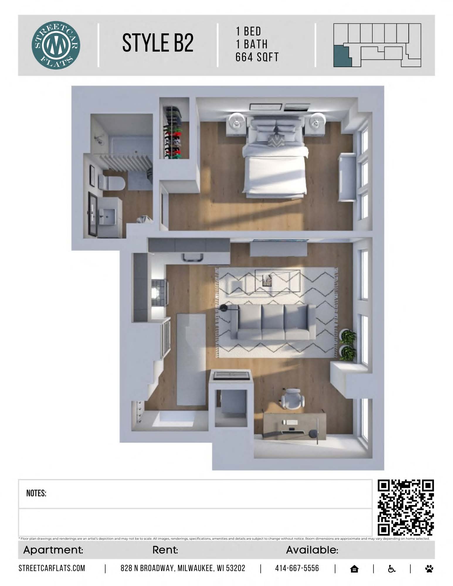 Floor plan for 1 bed, 1 bath, 664 sqft