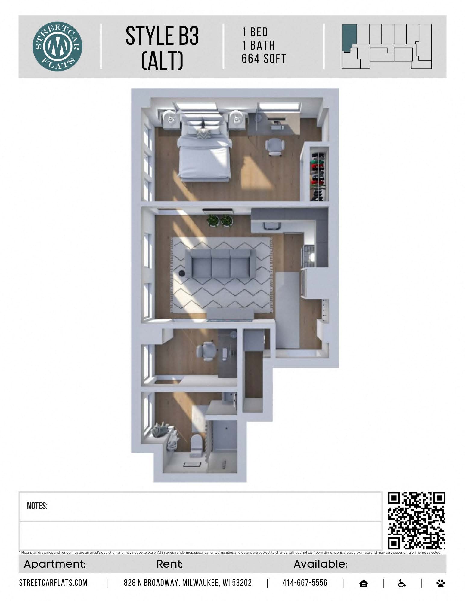 Floor plan for 1 bed, 1 bath, 624 sqft