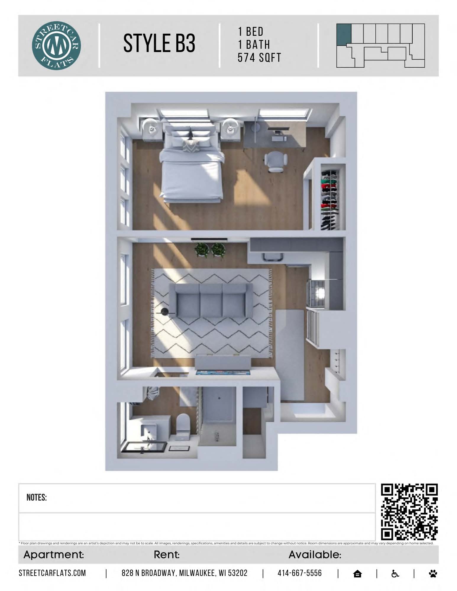Floor plan for 1 bed, 1 bath, 574 sqft