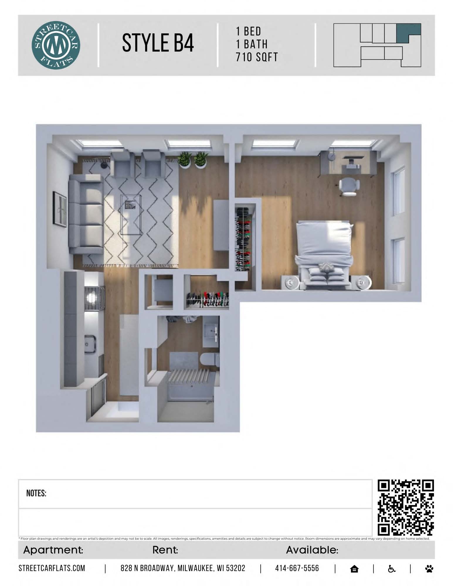 Floor plan for 1 bed, 1 bath, 675 sqft