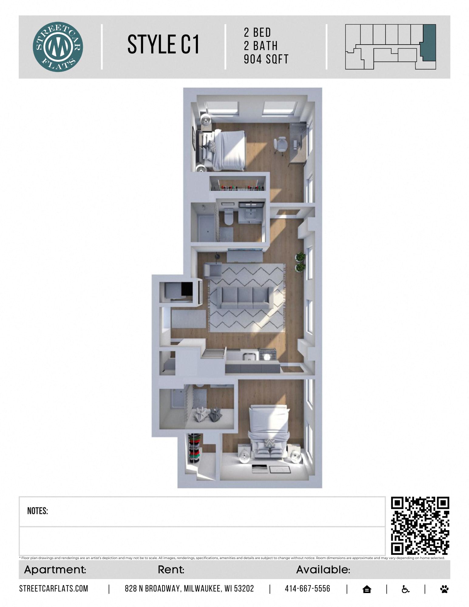 Floor plan for 2 beds, 2 baths, 904 sqft