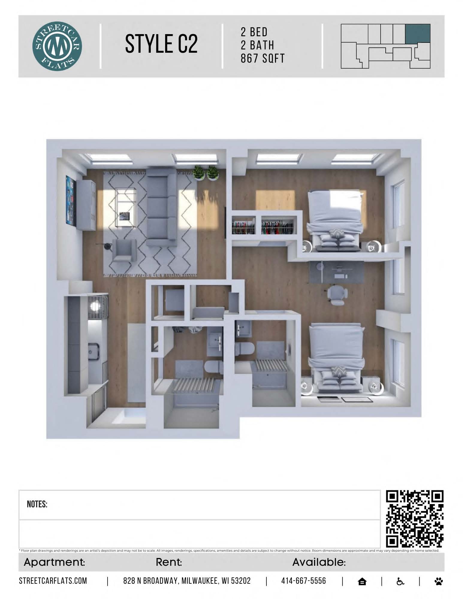 Floor plan for 2 beds, 2 baths, 873 sqft