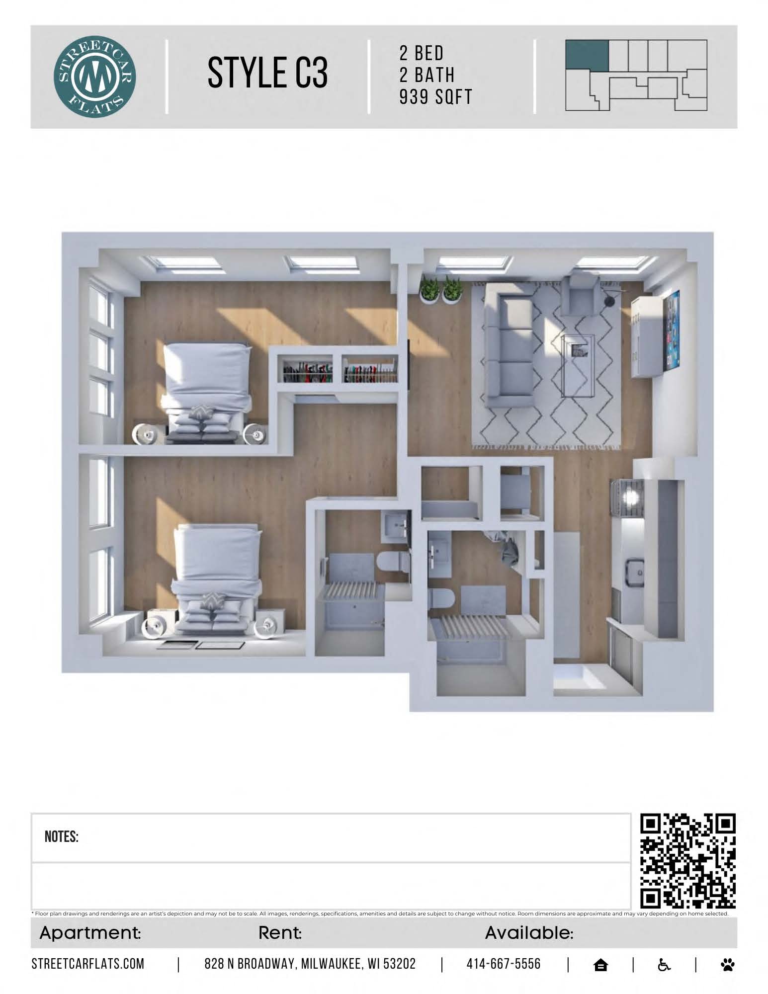 Floor plan for 2 beds, 2 baths, 938 sqft