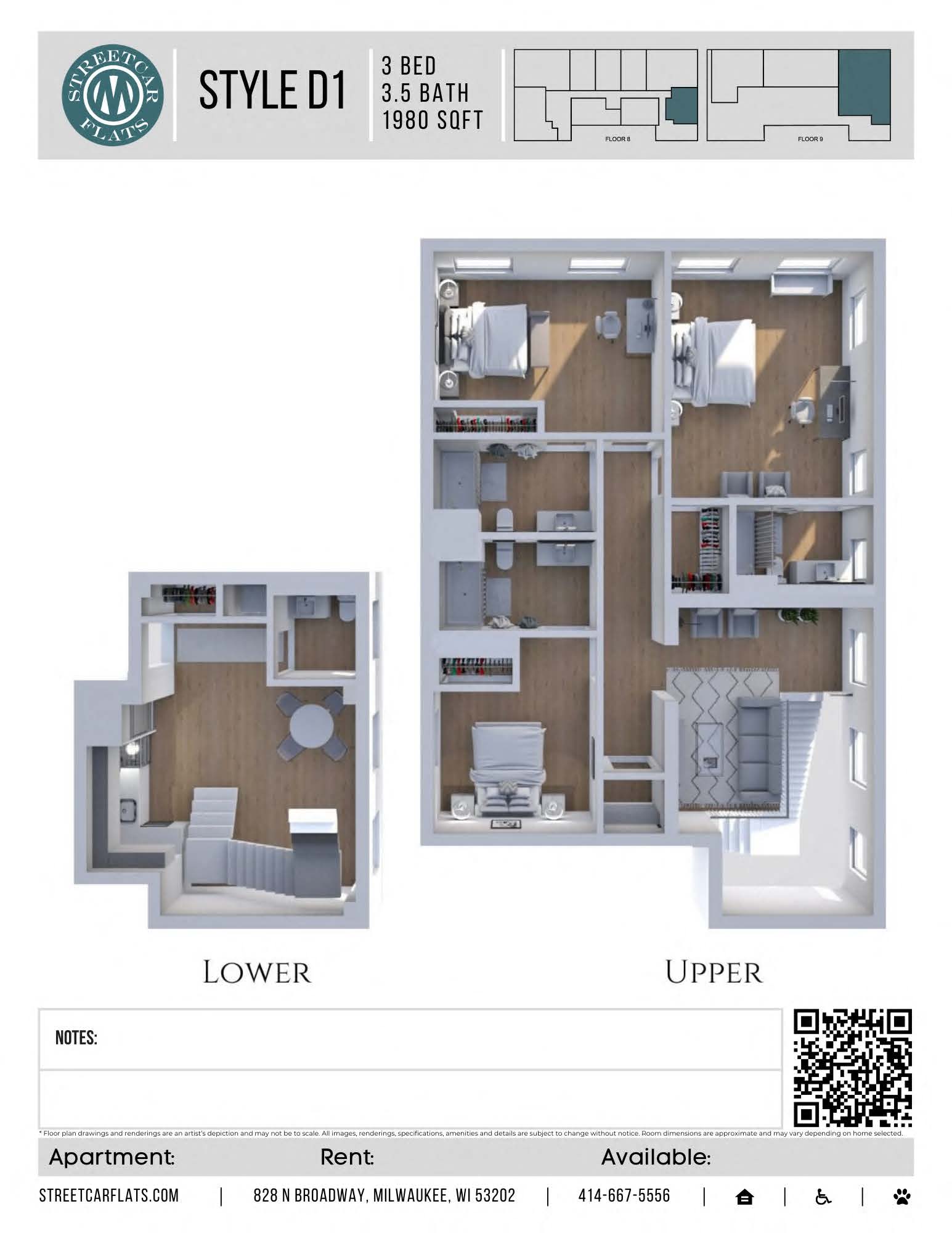 Floor plan for 3 beds, 3.5 baths, 1980 sqft