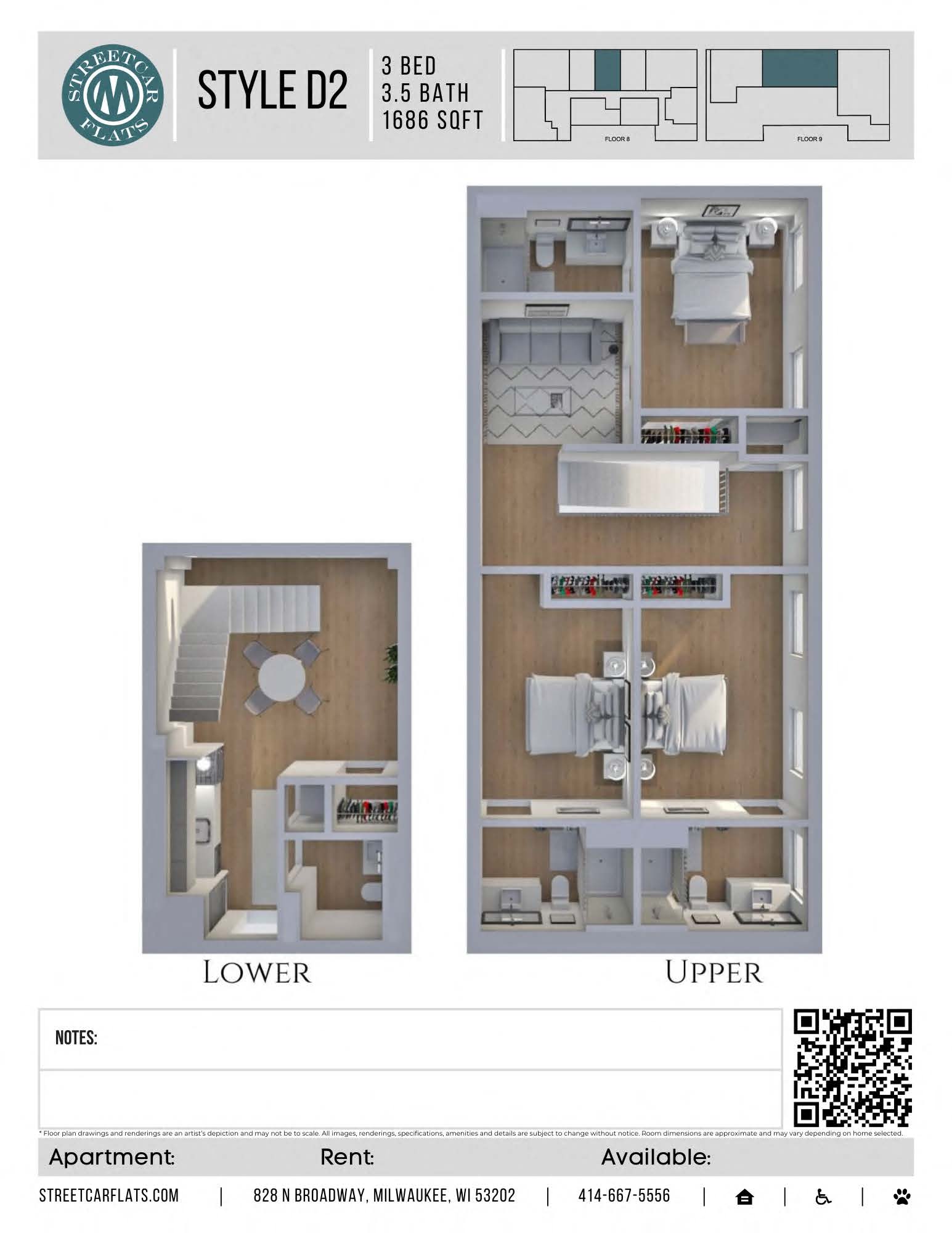 Floor plan for 3 beds, 3.5 baths, 1686 sqft