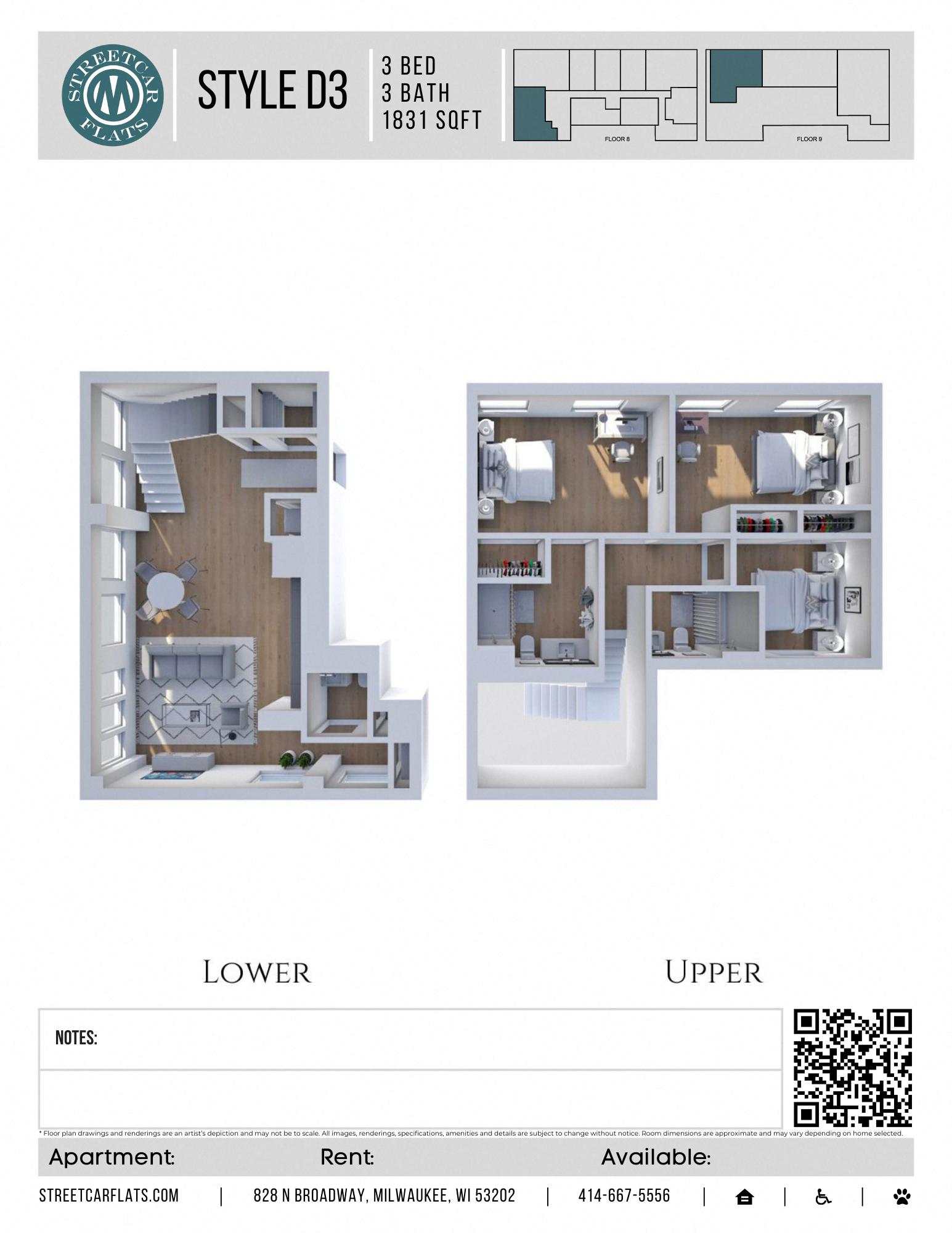 Floor plan for 3 beds, 3 baths, 1831 sqft