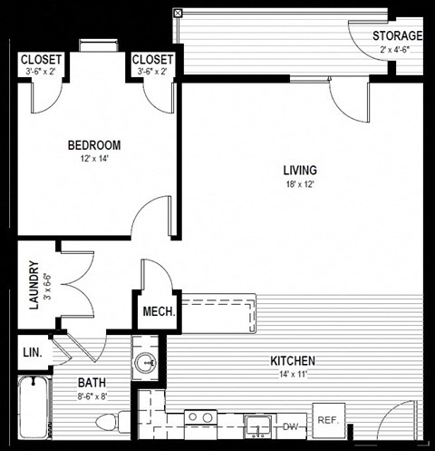 Floor plan for 1 bed, 1 bath, 918 sqft