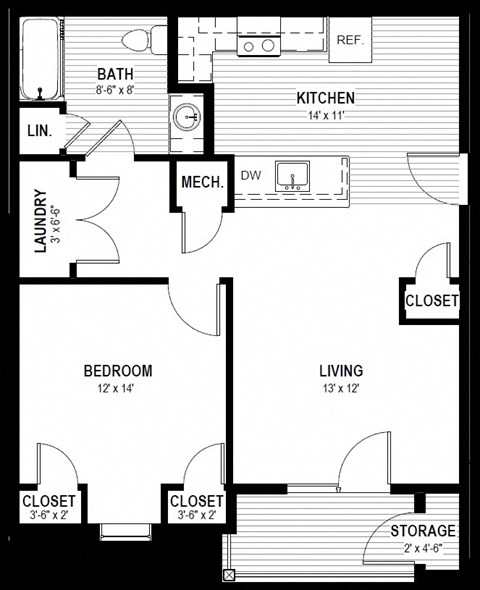 Floor plan for 1 bed, 1 bath, 772 sqft