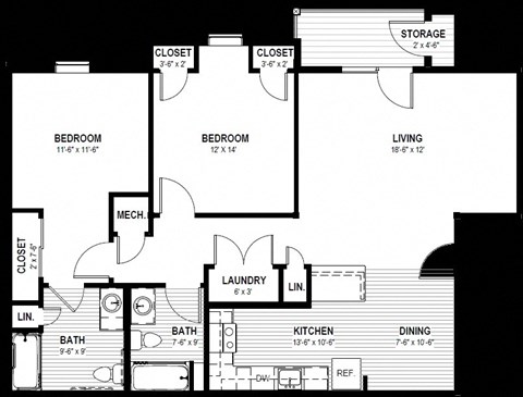 Floor plan for 2 beds, 2 baths, 1180 sqft