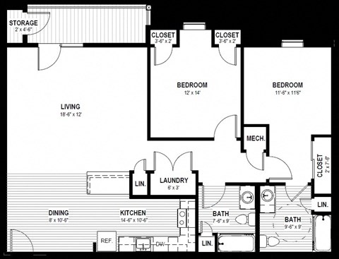 Floor plan for 2 beds, 2 baths, 1254 sqft