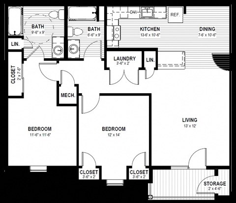 Floor plan for 2 beds, 2 baths, 1113 sqft
