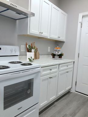 Baltimore house for rent - a kitchen with white cabinets and a stove top oven and a sink