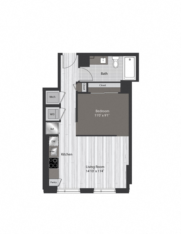 Floor plan for 1 bed, 1 bath, 542 sqft