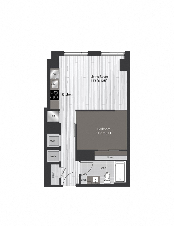 Floor plan for 1 bed, 1 bath, 582 sqft
